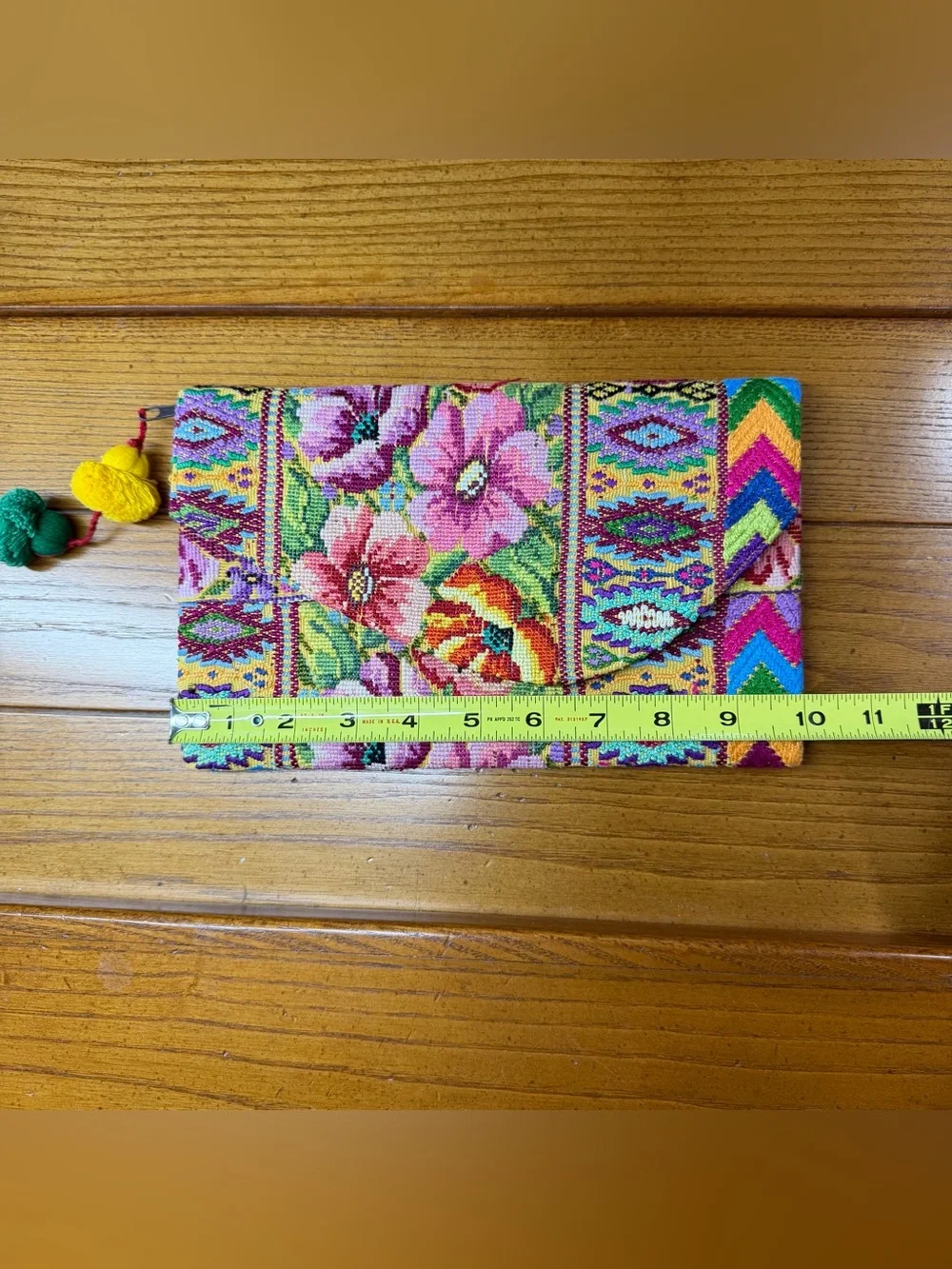 Guatemalan Huipil Embroidered Envelope Clutch Boho Floral Pom Pom Handmade